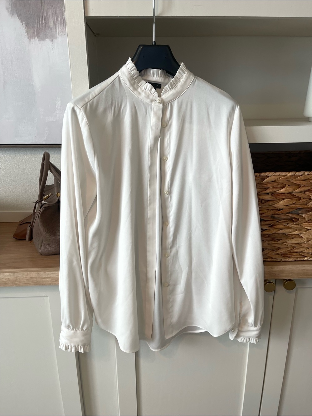 Ann Taylor Cream Ruffle-Neck Button Front Blouse